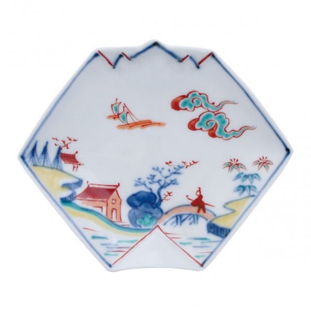 染錦山水折紙型手塩皿