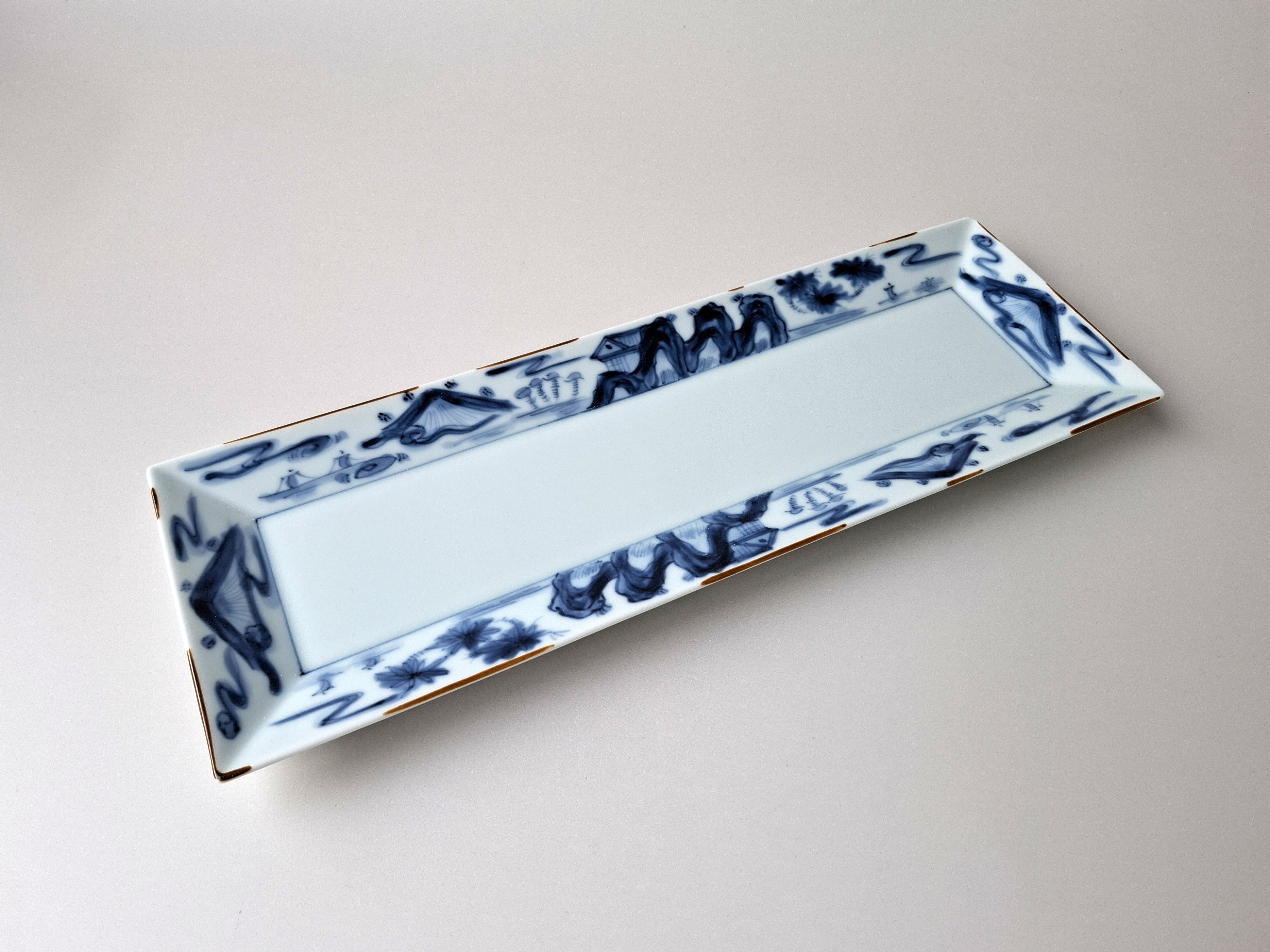 古染山水　34cm長角皿(Ⅲ)