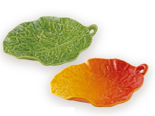 黄交趾赤吹　三ッ足木の葉小皿