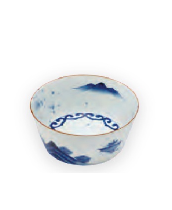 染付瑞雲山水　線彫突立四寸深小鉢