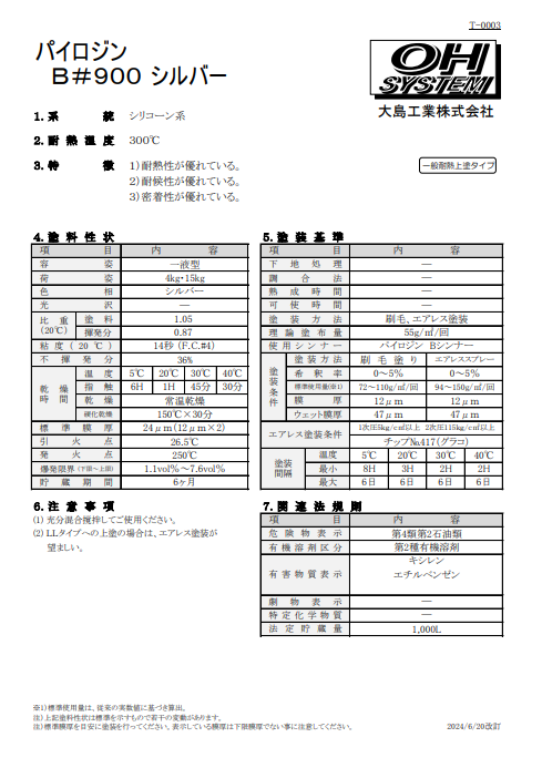 パイロジンＢ＃９００シルバーＨＢ　１５Ｋｇ缶、４Ｋｇ缶　２０，７００円(税抜)～
