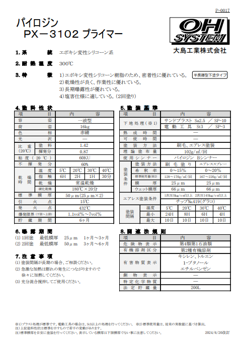 パイロジンＰＸ－３１０２　プライマー（赤錆）　１６Ｋｇ缶、４Ｋｇ缶　９，６７０円(税抜)～