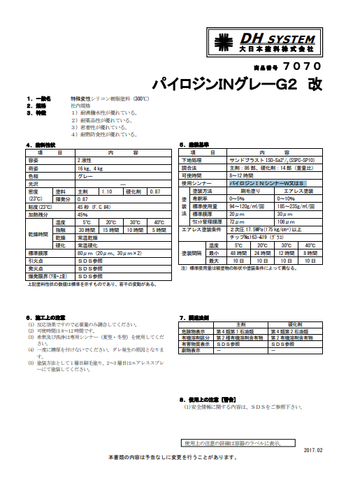 パイロジンＩＮグレーＧ２改　硬化剤付　１６Ｋｇ缶、４Ｋｇ缶　１２，５６０円(税抜)～