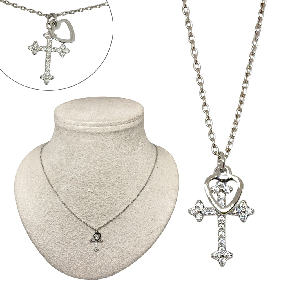 ハートフレーム キュービック クロス ネックレス ペンダント チェーン レディース 卸 仕入れ