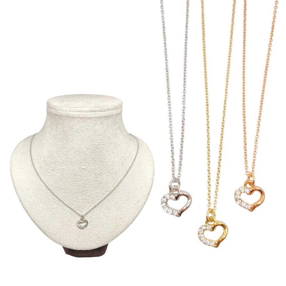 ハーフ ラインストーン ハート ネックレス ペンダント チェーン シンプル 上品 レディース 卸 仕入れ
