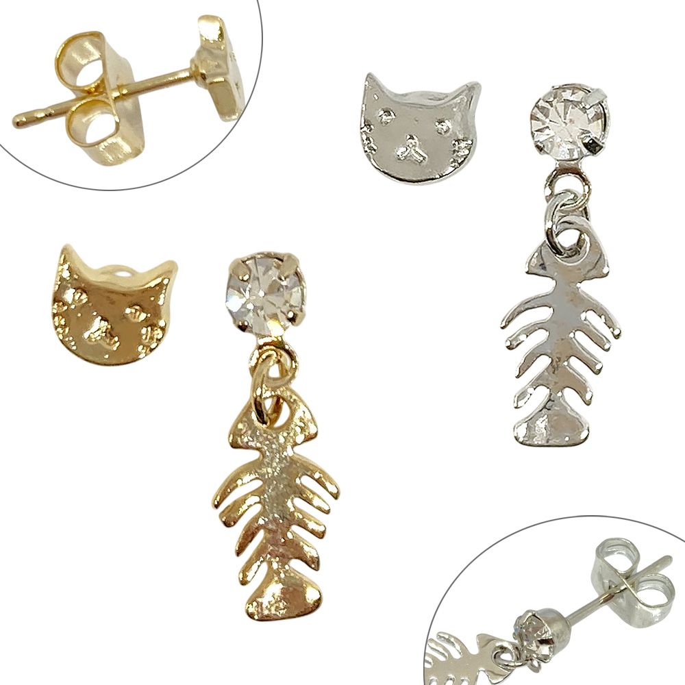 ねこ 顔 さかな 骨 ピアス シンプル アシメ アシンメトリー スタッド シンプル ネコ 猫 キャット