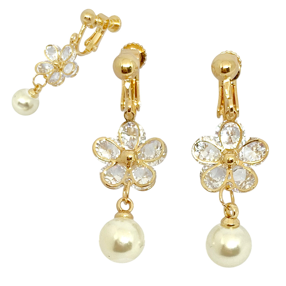 フラワーパール イヤリング 上品 カジュアル 花 レディース 卸 仕入れ