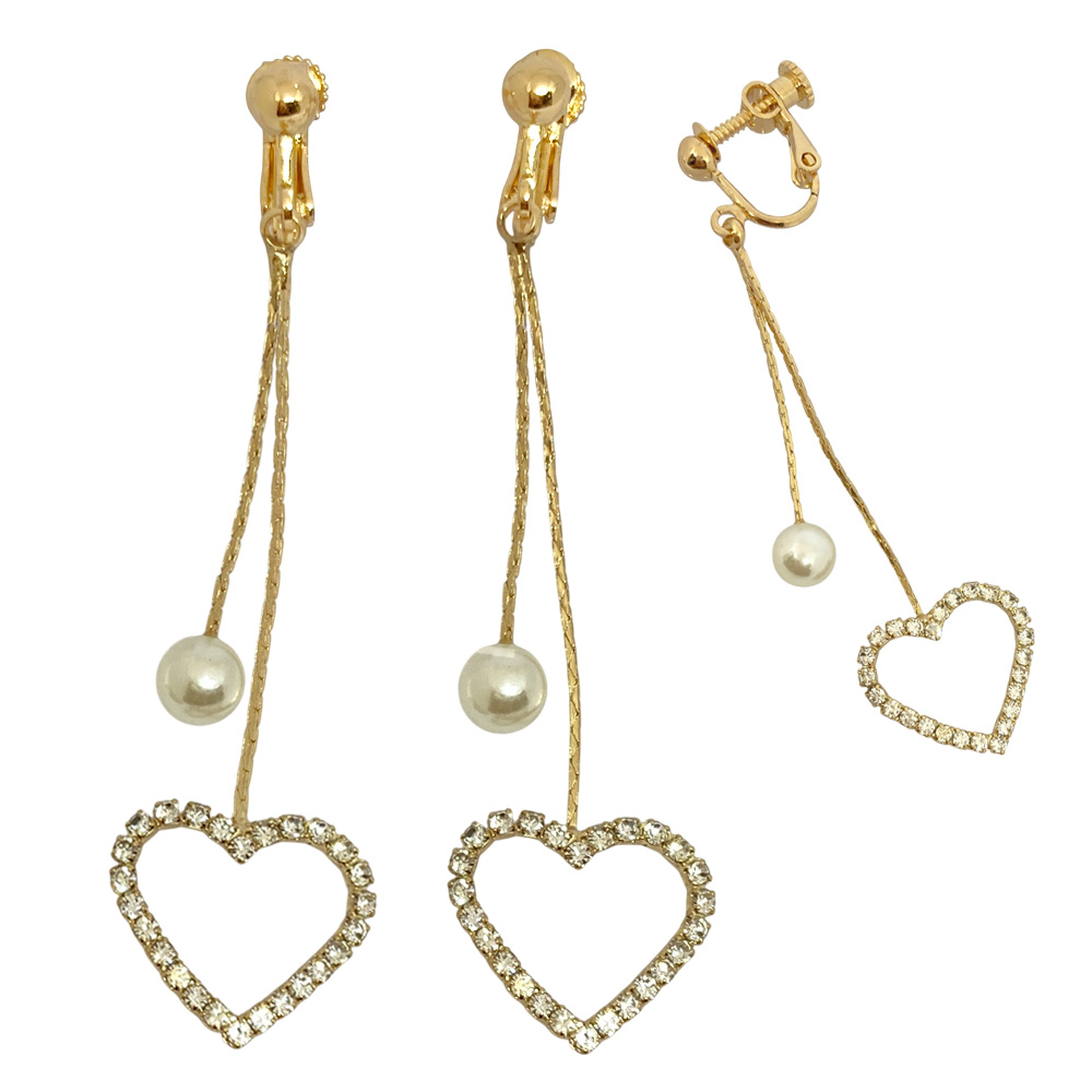 ラインストーンハート パール 下がり イヤリング 揺れる上品 ハート レディース 卸 仕入れ