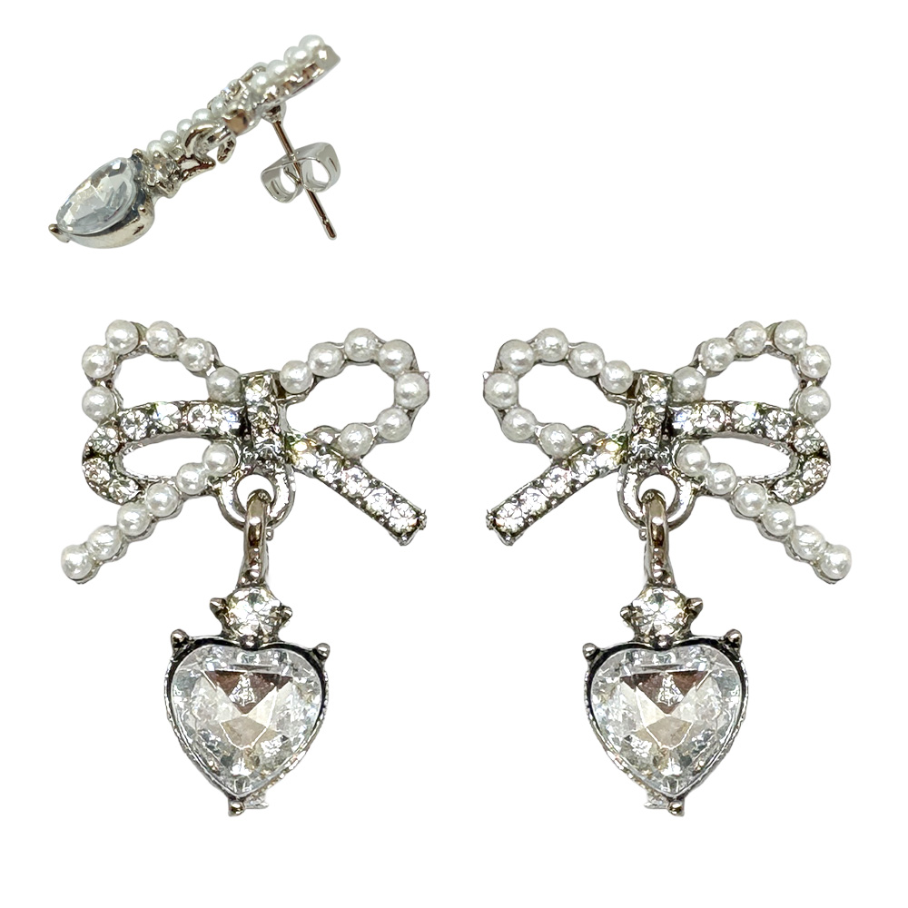 リボン ハート ビジュー ピアス 小粒パール スタッド 上品 レディース 卸 仕入れ