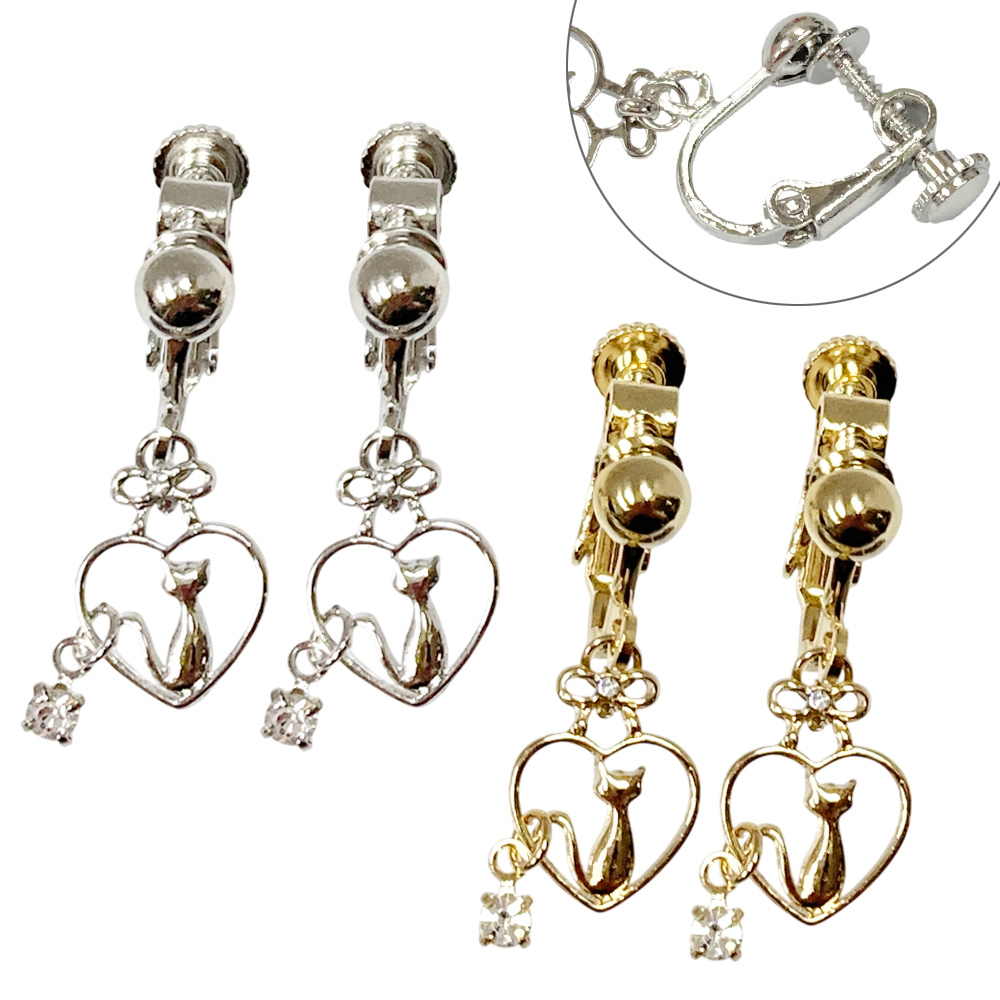 リボン ハート ねこ 一粒ストーン イヤリング 揺れる シンプル ネコ 猫 キャット レディース