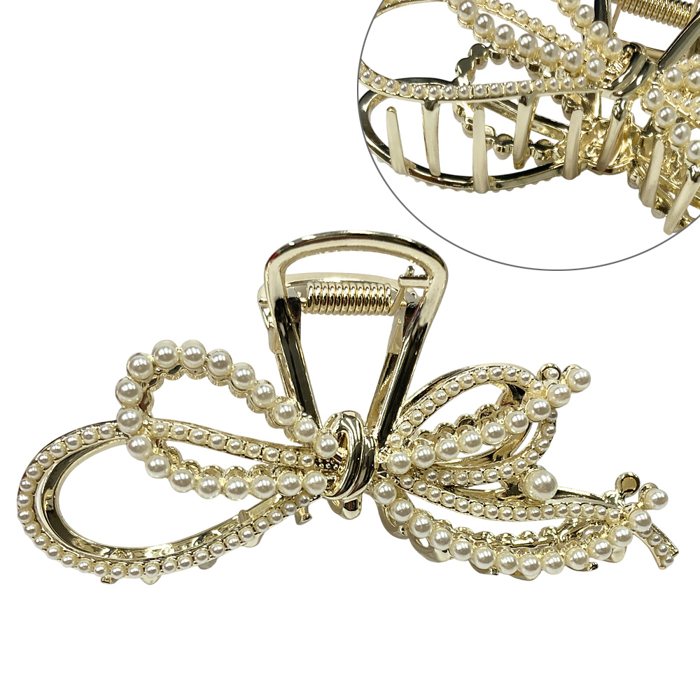 ラインパールリボン バンス クリップ リボン バンスクリップ ヘアアクセサリー まとめ髪 シンプル 卸 仕入れ