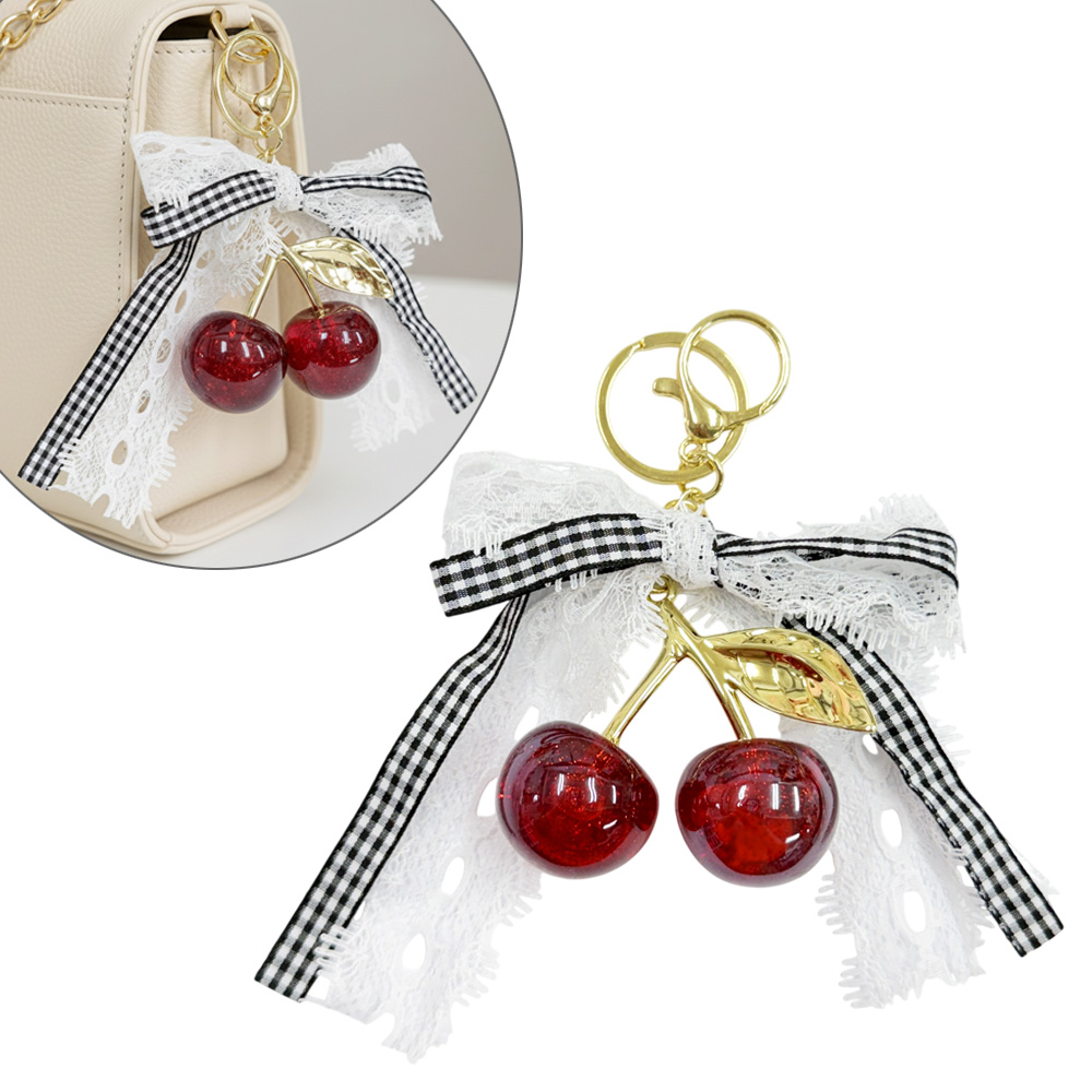 レース チェック柄リボン  さくらんぼ キーホルダー キーリング 卸 仕入れ