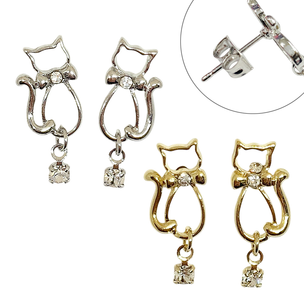 ねこ 一粒ストーン ピアス 揺れる シンプル ネコ 猫 キャット スタッド レディース 大人かわいい