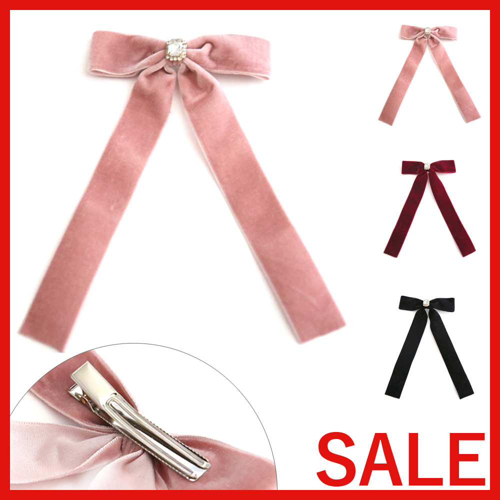 【セール SALE】ビジュー付きベロアロングリボンヘアクリップ