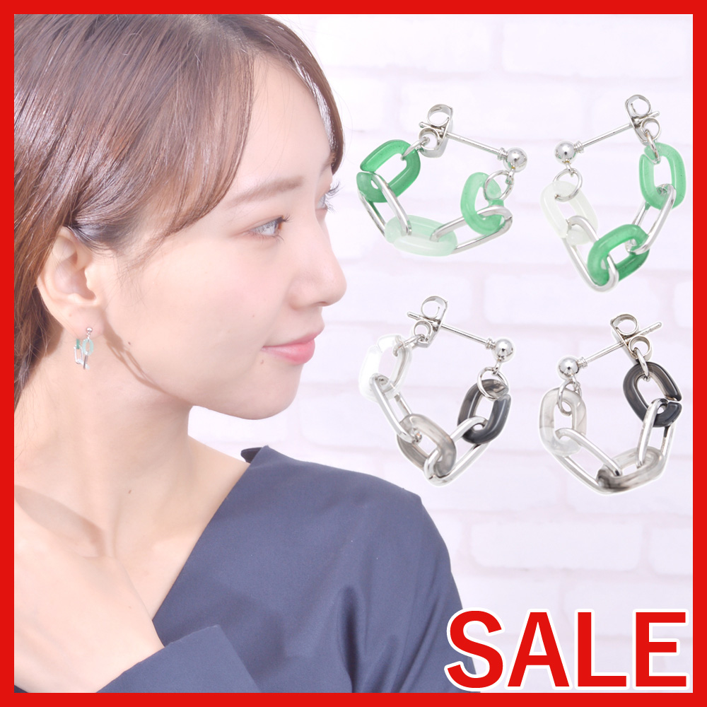 【セール SALE】マーブル&メタルミックスチェーンピアス・ショート