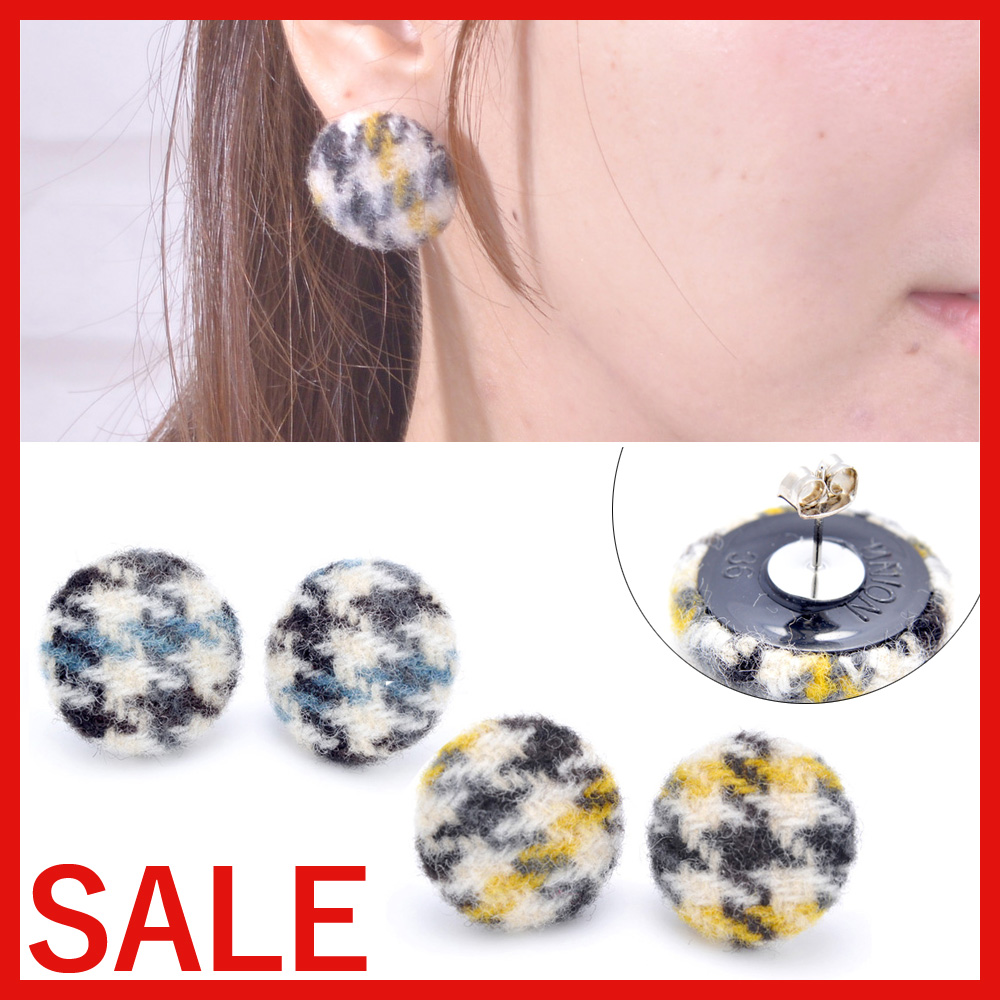 【セール SALE】千鳥格子くるみボタンピアス レトロ チェック柄 かわいい レディース 卸 仕入れ