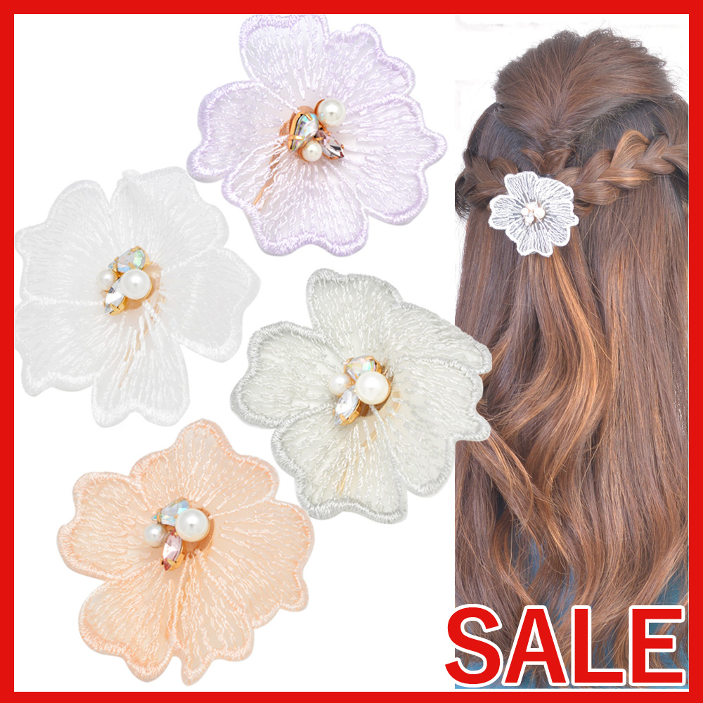 【セール SALE】ビジュー付きレースフラワーポニーフック