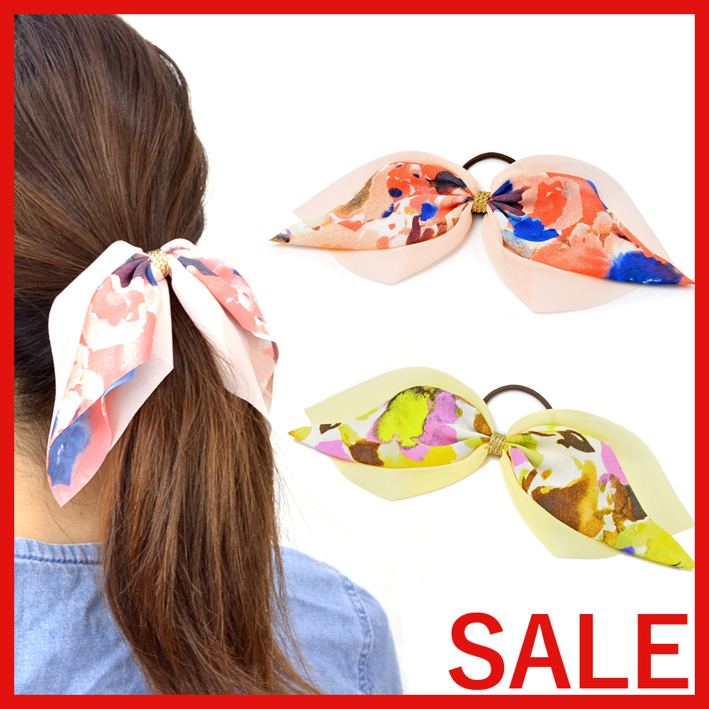【セール SALE】カラフルプリント＆シフォンのレイヤードリボンヘアゴム