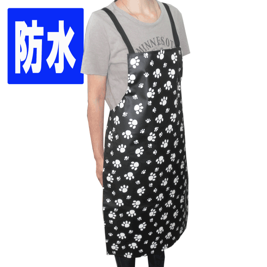 Bee 防水トリミングエプロン 足跡柄 ブラック