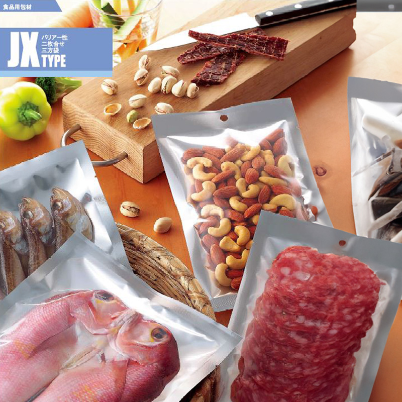 ストロングパック JXタイプ｜脱酸素剤使用可・防湿性／アルミ蒸着／銀／片面透明／フック穴（一部）／三方袋／明和産商