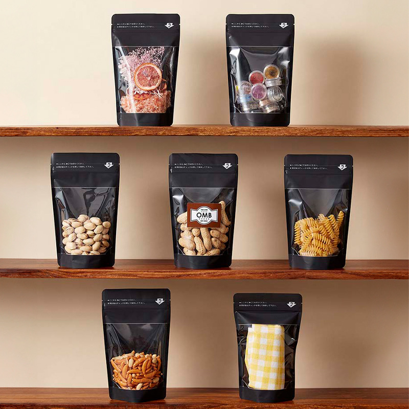 OMBタイプ｜脱酸素剤使用可・防湿性／黒／部分透明／チャック付／スタンド袋／ベリーパック