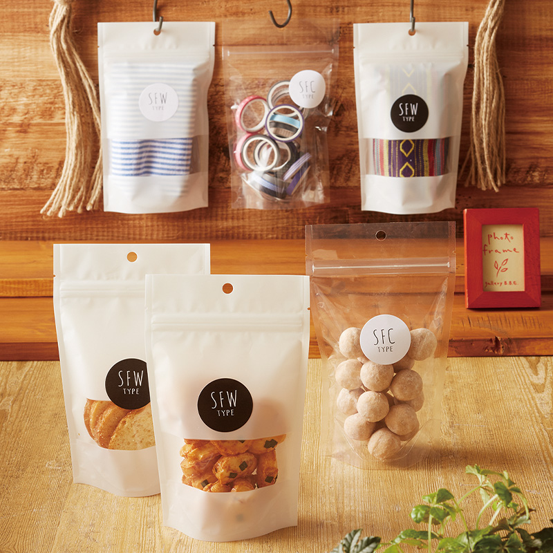 SFC・SFWタイプ｜脱酸素剤使用可・防湿性／白／(一部片面部分透明)／チャック付・フック穴付／スタンド袋／ベリーパック