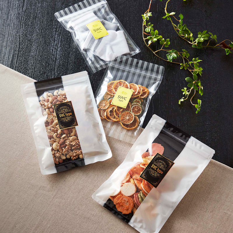 SWC・SVCタイプ｜脱酸素剤使用可・防湿性／白・白黒／チャック付・フック穴付／三方袋／ベリーパック