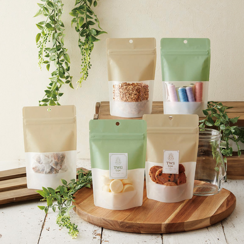 TWG・TWSタイプ｜脱酸素剤使用可・防湿性／緑・黄／マット／部分透明／チャック付・フック穴付／スタンド袋／ベリーパック