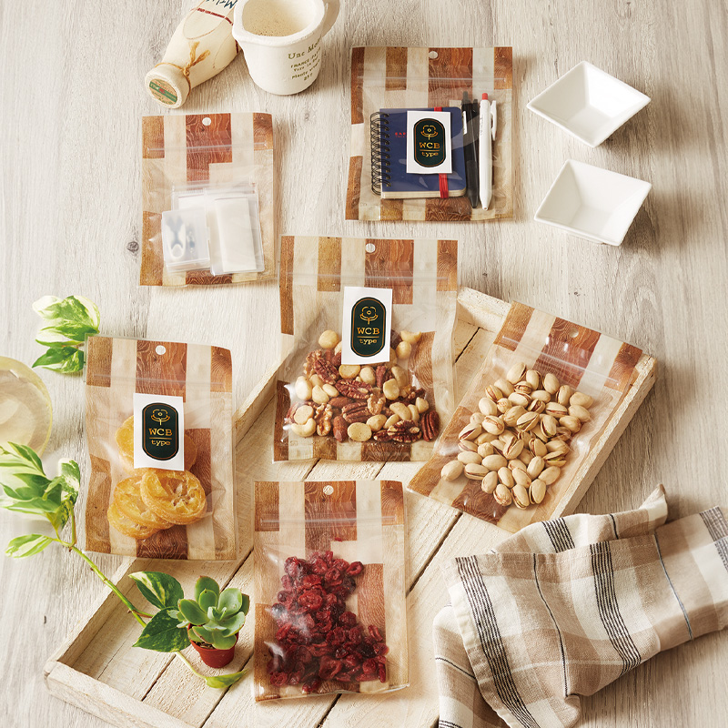 WCBタイプ｜脱酸素剤使用可・防湿性／木目／チャック付・フック穴付／三方袋／ベリーパック