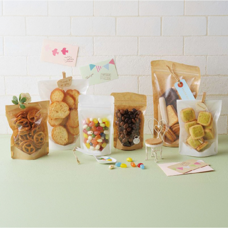 クラフトスタンドチャック袋｜脱酸素剤使用可・防湿性／クラフト紙／片面透明／茶・白／チャック付／スタンド袋／ヤマニパッケージ