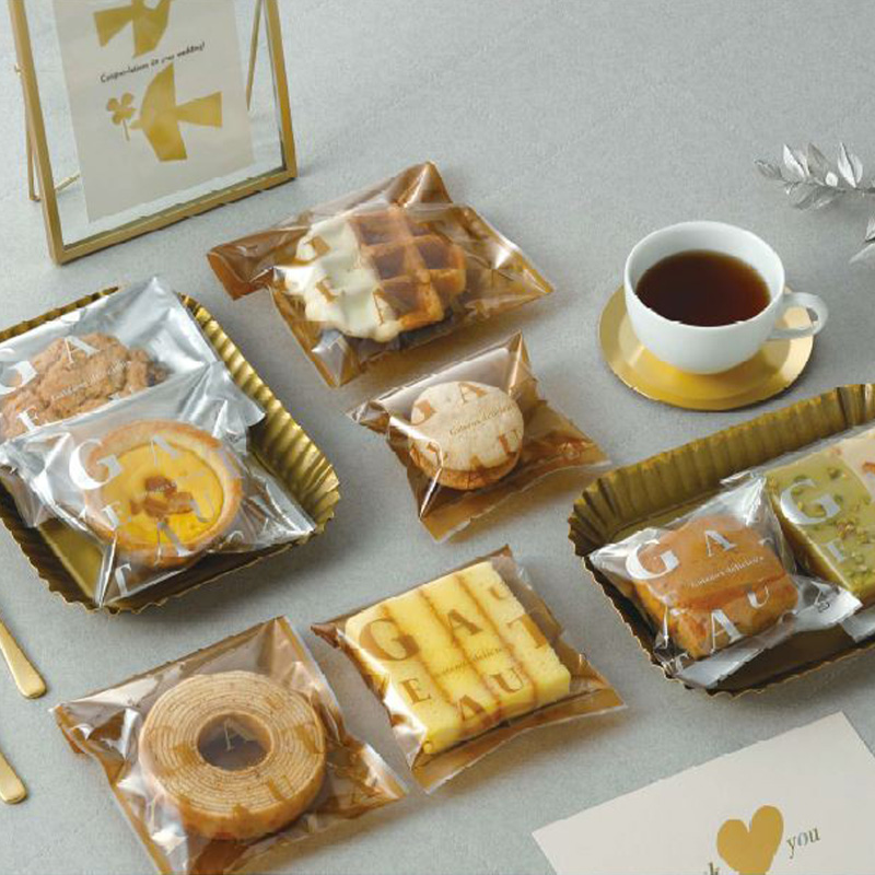 菓子個包装袋 リュクス｜脱酸素剤使用可・防湿性／透明に印刷有／茶・銀／合掌袋／ヤマニパッケージ