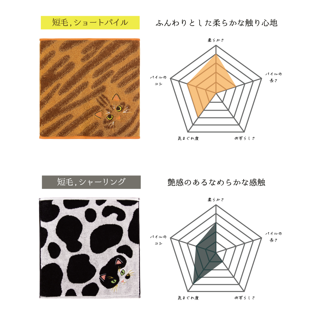 うちの子メイト にゃんこシリーズ今治毛並みタオルハンカチ 毛並み1