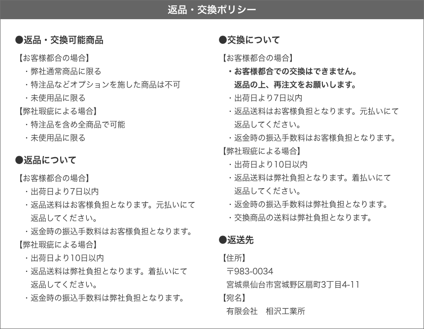返品・交換ポリシー