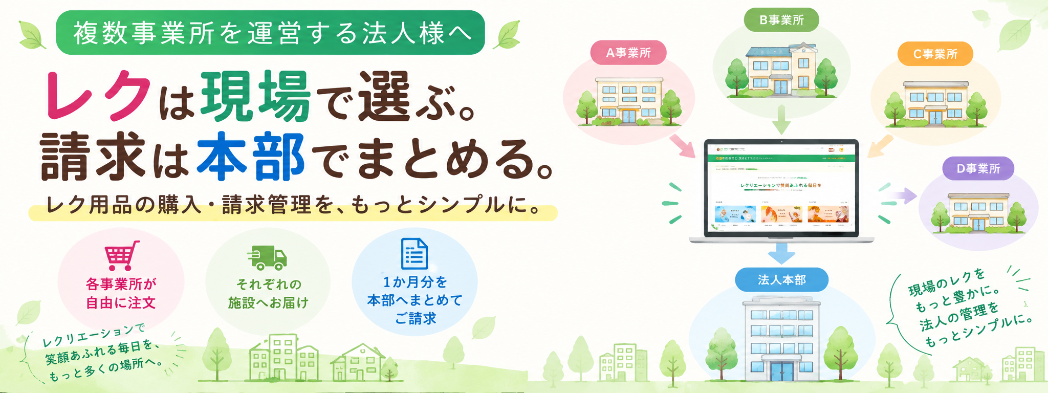 複数事業所を運営する法人様へ レクは現場で選ぶ。請求は本部でまとめる。レク用品の購入・請求管理をもっとシンプルに。