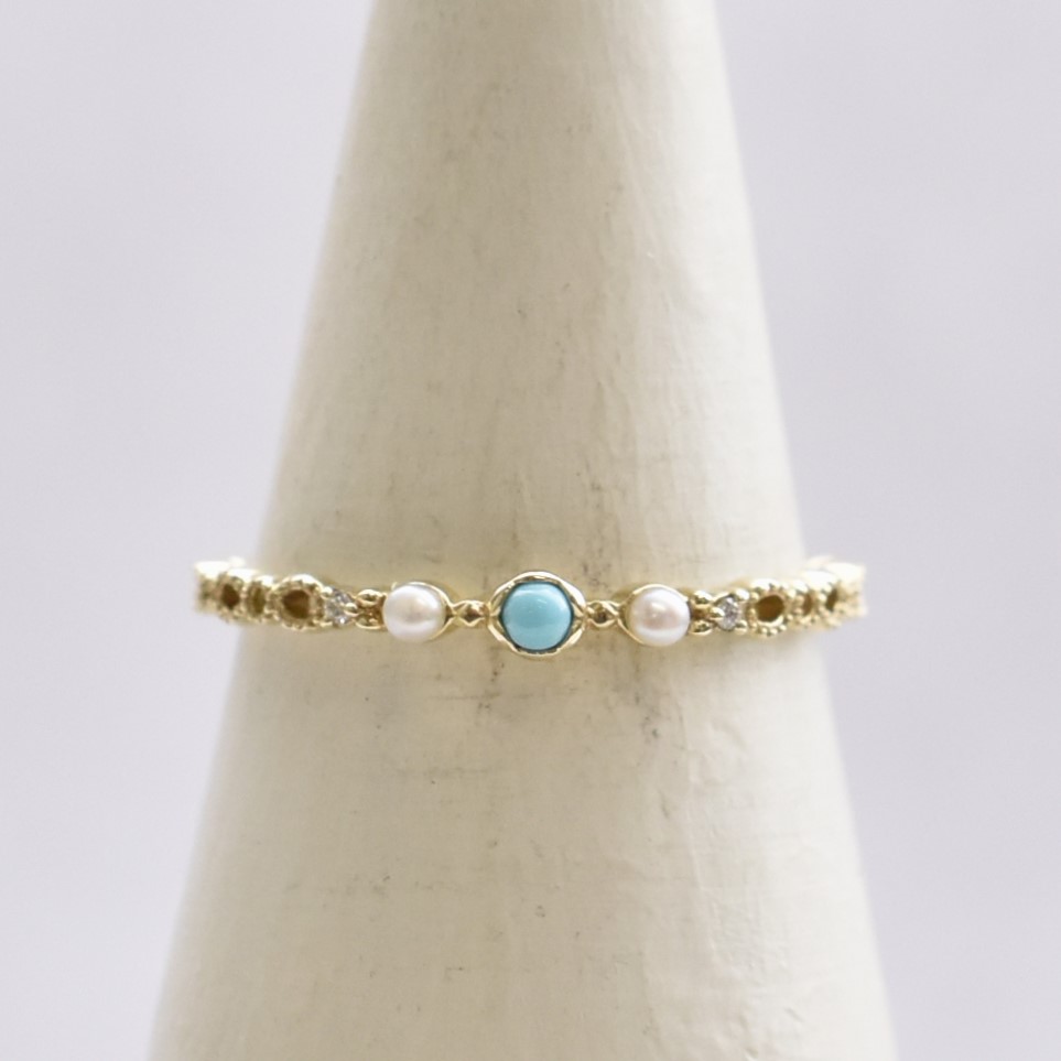 【109R0156-TQ】K10YG　綠松石＆淡水珍珠　戒指（ターコイズ＆淡水パール　リング