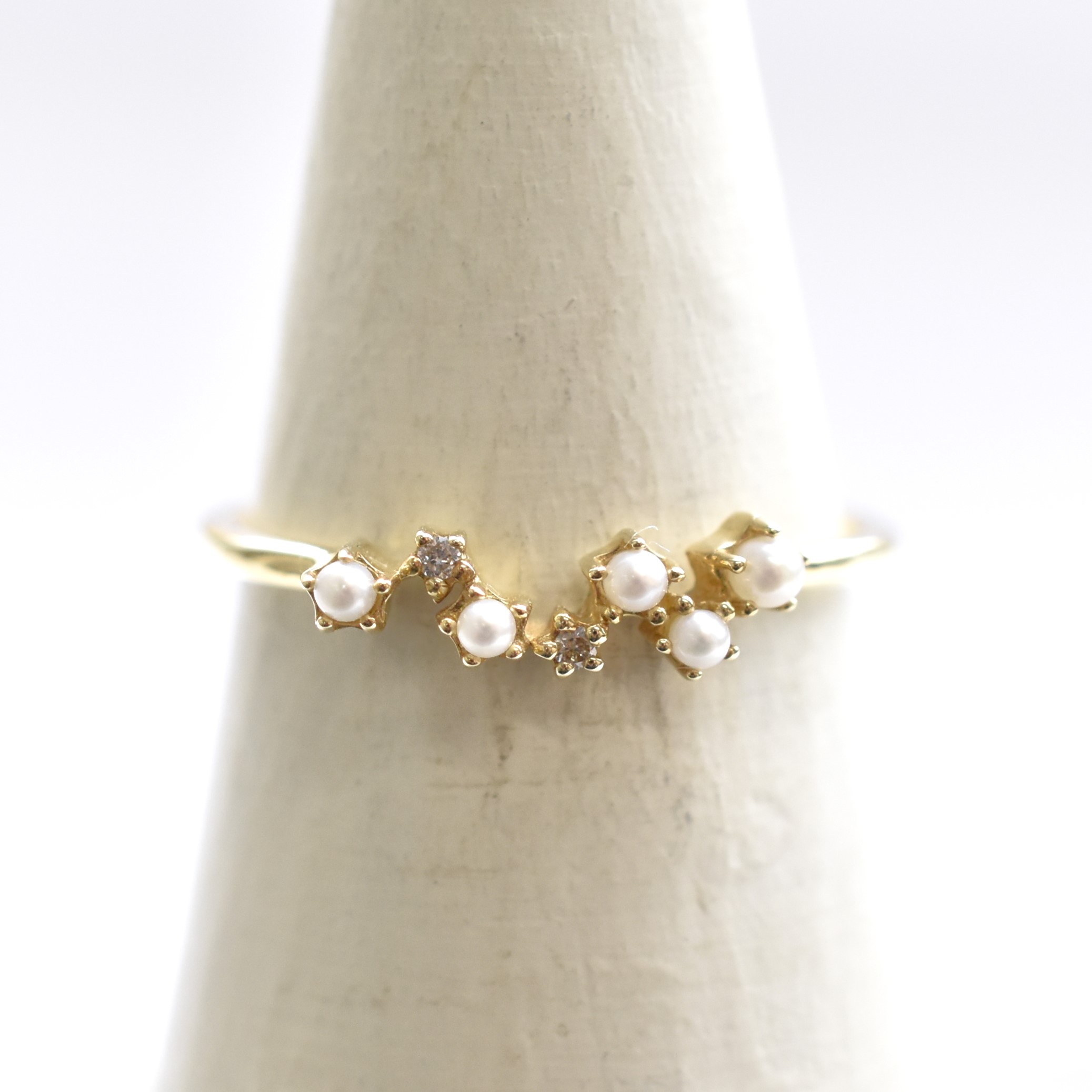 【109R0240】K10YG　鑽石＆淡水珍珠　連星　戒指（ダイヤモンド＆淡水パール　リング）