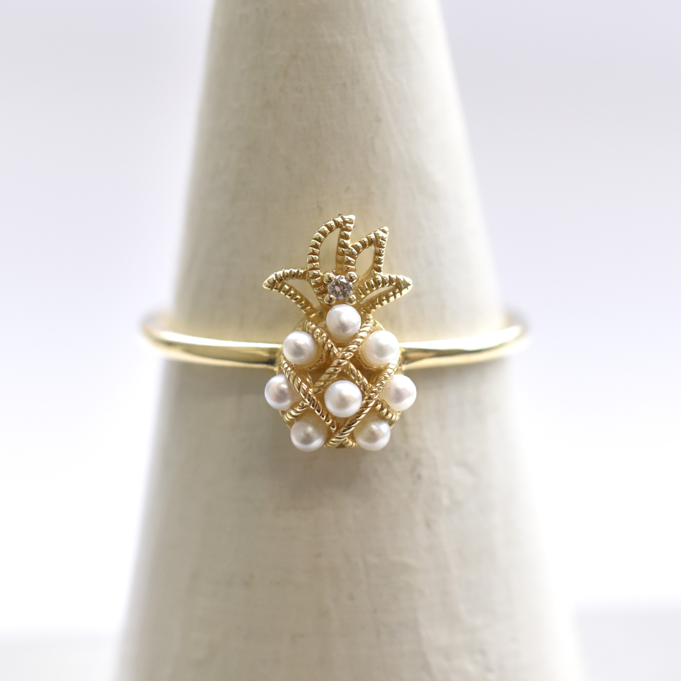 【109R0242】K10YG　鑽石＆淡水珍珠　鳳梨　戒指（ダイヤモンド＆淡水パール　パイナップル　リング）