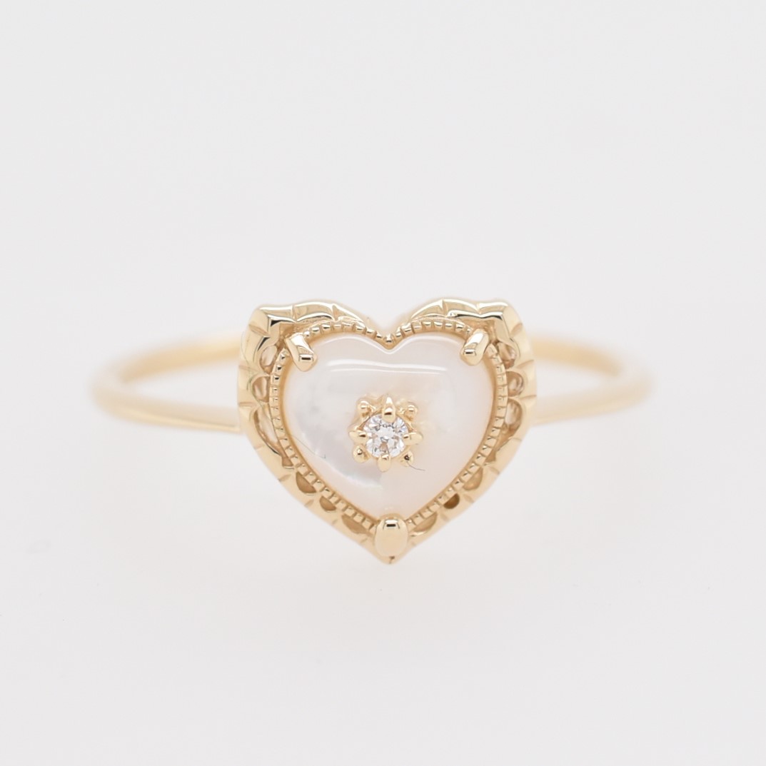 【109R0392-MOP】K10YG　白母貝＆鑽石　愛心　戒指（白蝶貝＆ダイヤモンド　ハート　リング）