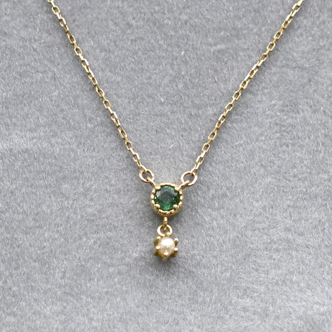 【109N0038-EM-TY】K10YG　祖母綠＆鑽石　項錬（エメラルド＆パール　ネックレス）