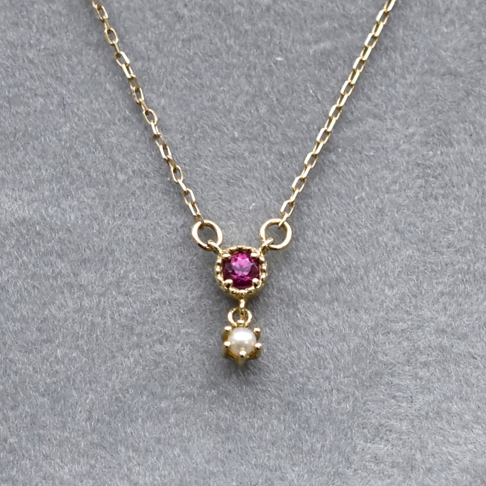 【109N0038-RB-TY】K10YG　紅寶＆鑽石　項錬（ルビー＆パール　ネックレス）