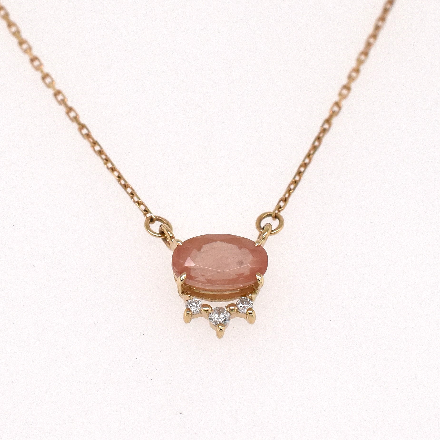 【109N0096-TY】K10YG　蜜桃太陽石＆鑽石　項錬（ピーチサンストーン＆ダイヤモンド　ネックレス）