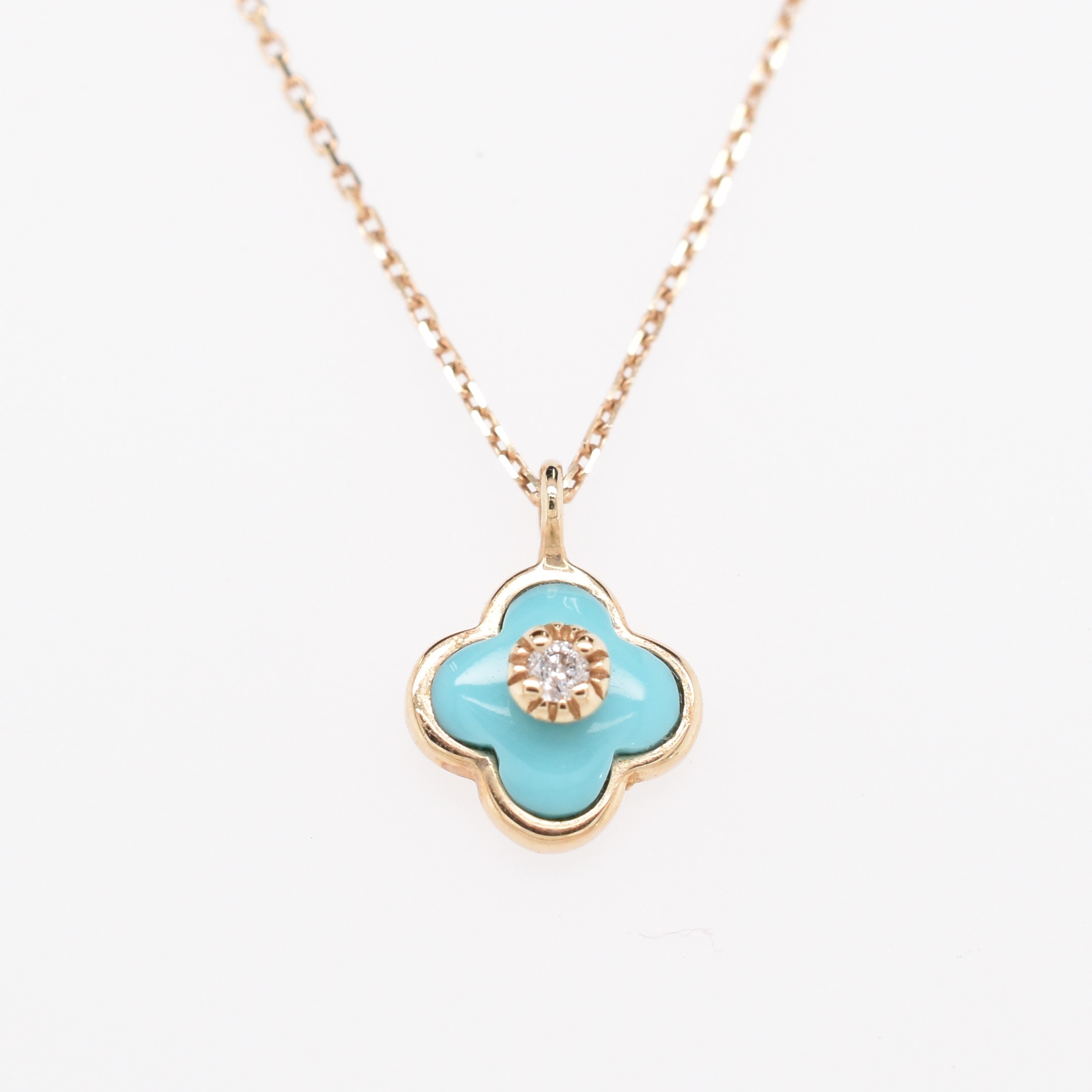 【109P0121-TQ】K10YG　綠松石＆鑽石　四葉草　項錬（ターコイズ＆ダイヤモンド　クローバー　ネックレス）