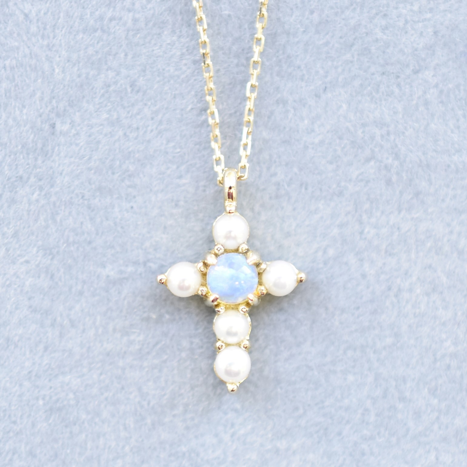 【109P0307-OP】K10YG　蛋白石＆淡水珍珠　十字架　項錬（オパール＆淡水パール　十字架　ネックレス）