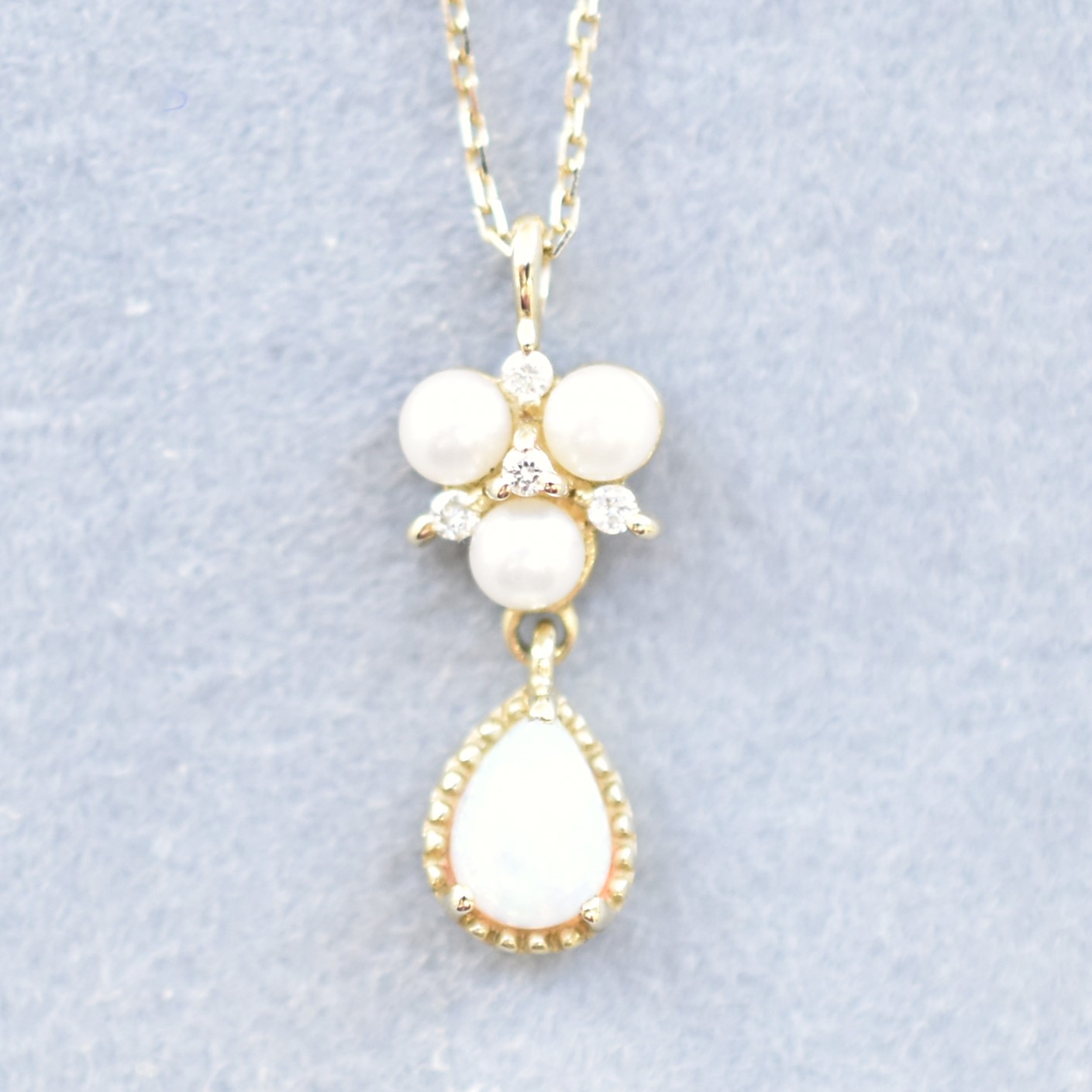 【109P0311-OP】K10YG　蛋白石＆淡水珍珠＆鑽石　項錬（オパール＆淡水パール＆ダイヤモンド　ネックレス）