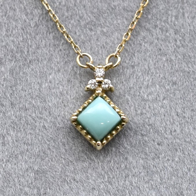 【109P0379-TQ-TY】K10YG　綠松石＆鑽石　項錬（ターコイズ＆ダイヤモンド　ネックレス）