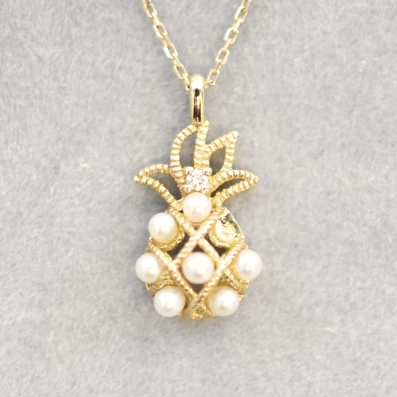【109P0487】K10YG　淡水珍珠＆鑽石　鳳梨　項錬（淡水パール＆ダイヤモンド　パイナップル　ネックレス）