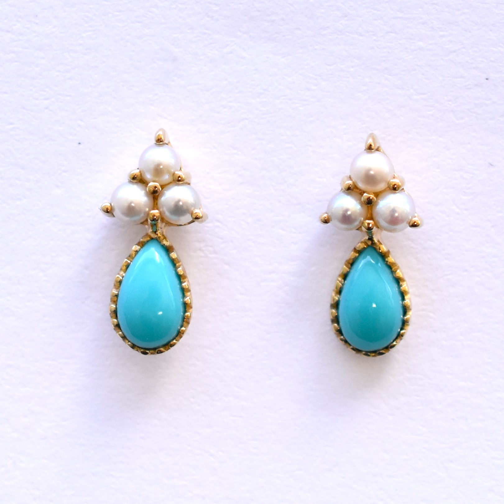 【109E0023-1-TQ】K10YG　綠松石＆淡水珍珠　耳釘（ターコイズ＆淡水パール　ピアス）