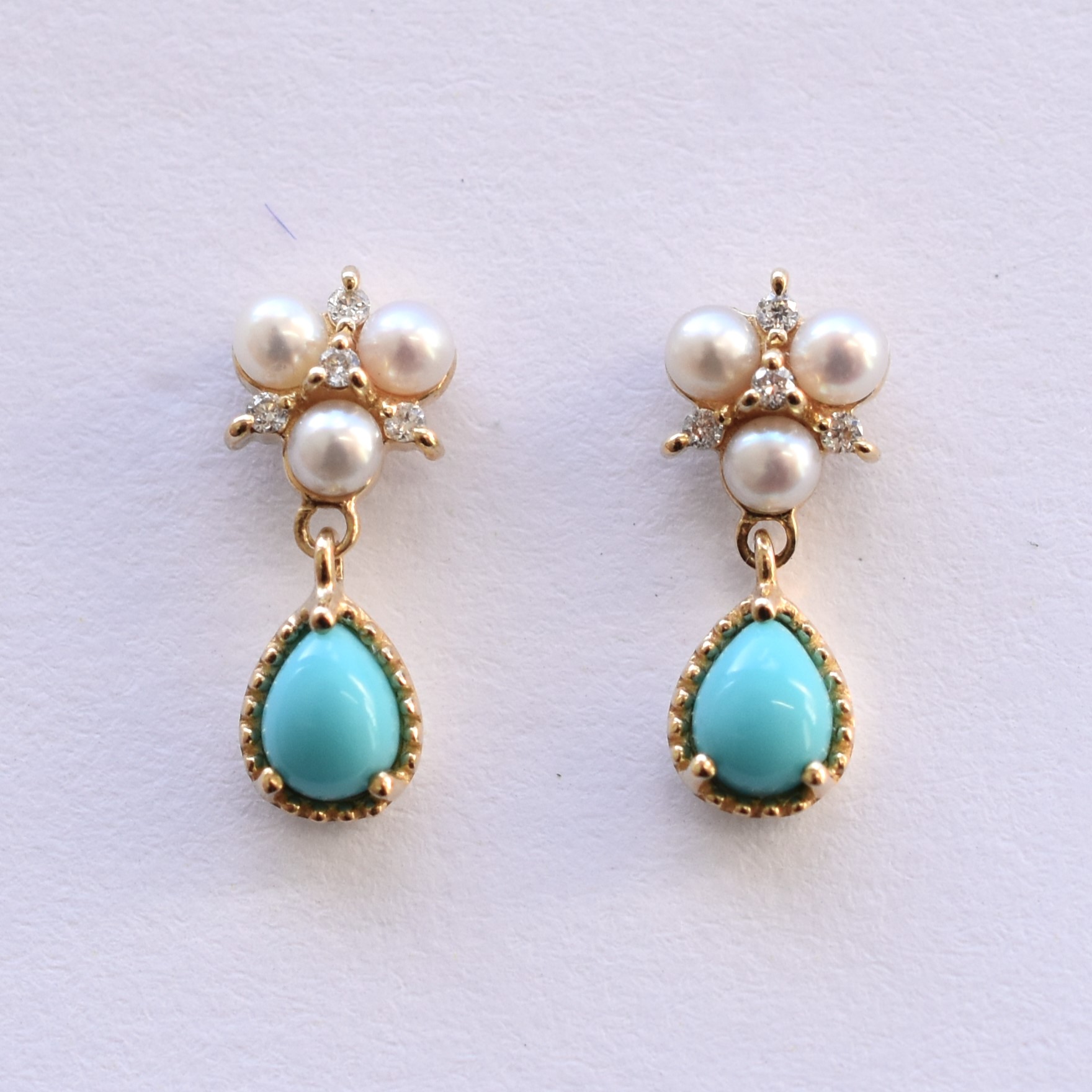 【109E0108-1-TQ】K10YG　綠松石＆淡水珍珠　耳釘（ターコイズ＆淡水パール　ピアス）