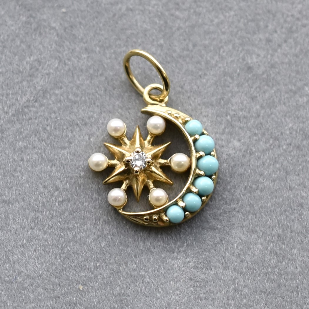 【109P0152-TQ】K10YG　綠松石＆淡水珍珠　星月　吊墜（ターコイズ＆淡水パール　星月夜　ペンダント）