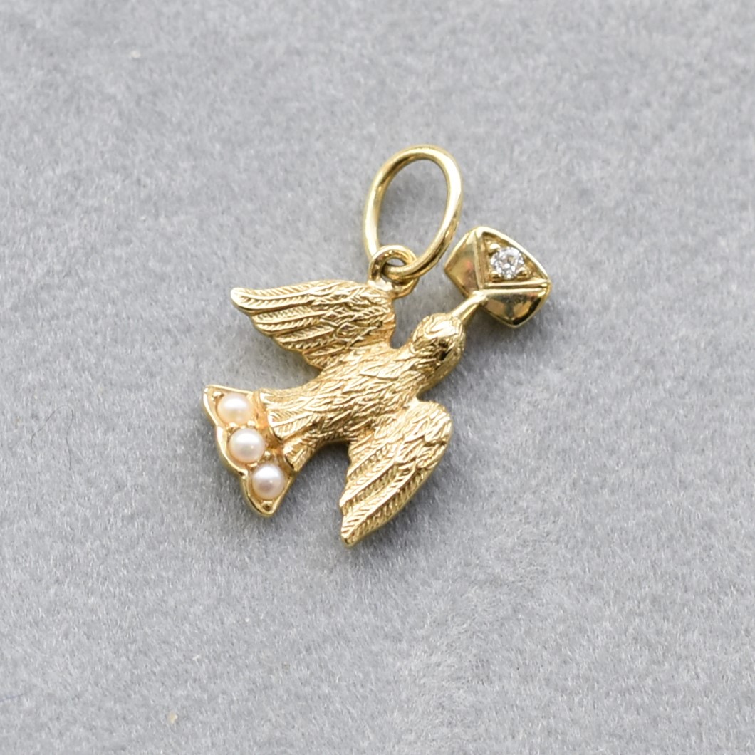 【109P0156】K10YG　淡水珍珠＆鑽石　信鴿　吊墜（淡水パール＆ダイヤモンド　伝書鳩　ペンダント）